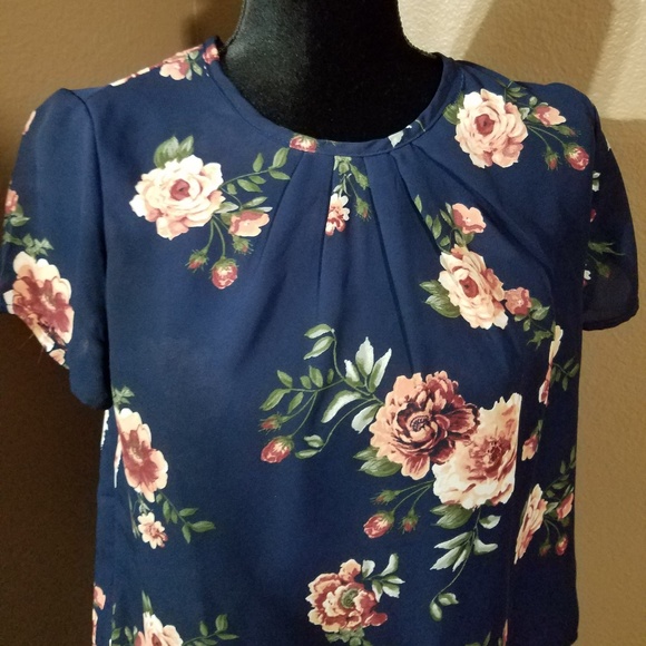 Navy Blue Pink Flowers Blouse 